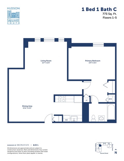 Floor plan for 1 bed, 1 bath, 773 sqft